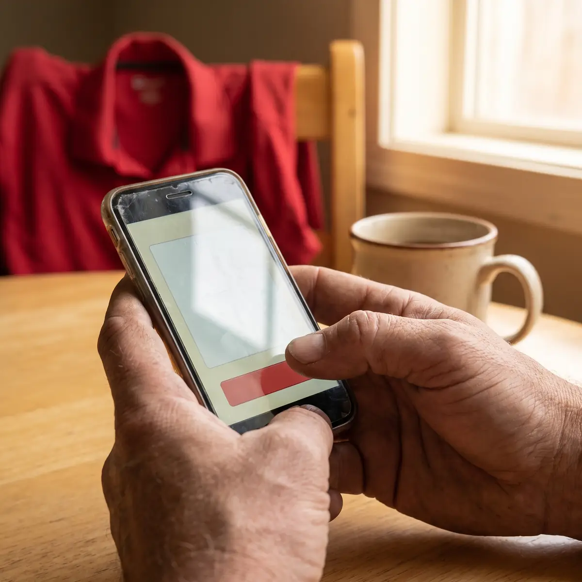 Nahaufnahme: Zwei Hände halten am Küchentisch ein Mobiltelefon und tippen auf ein kurzes Formular mit einem roten Knopf. Über der Stuhllehne hängt ein rotes Arbeitspolo. (Illustration, kein Betriebsfoto)