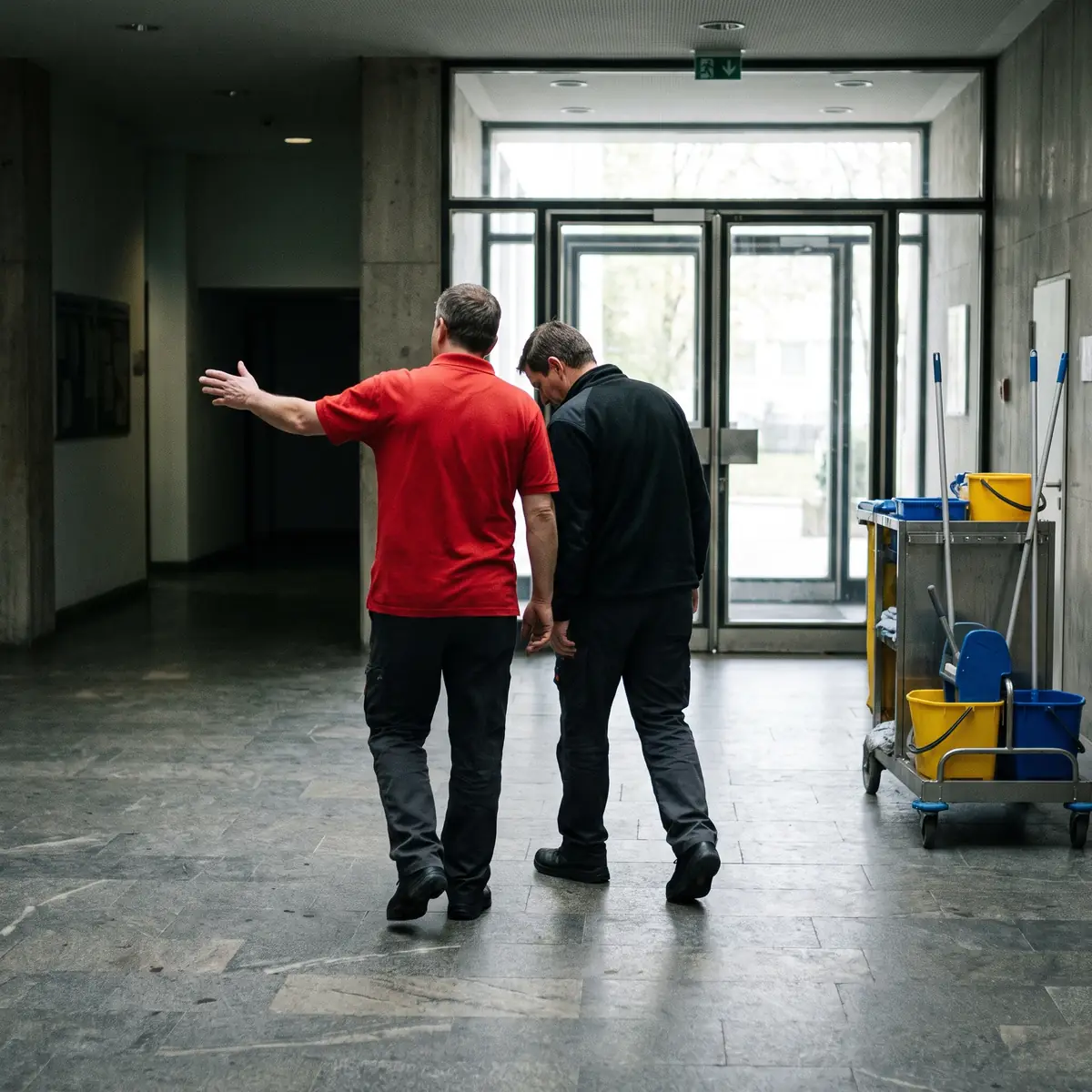 Zwei Personen gehen von hinten gesehen durch eine Eingangshalle; die vordere im roten Arbeitspolo zeigt mit offener Hand in einen Gang. Am Rand steht ein Reinigungswagen mit Eimern. (Illustration, kein Betriebsfoto)