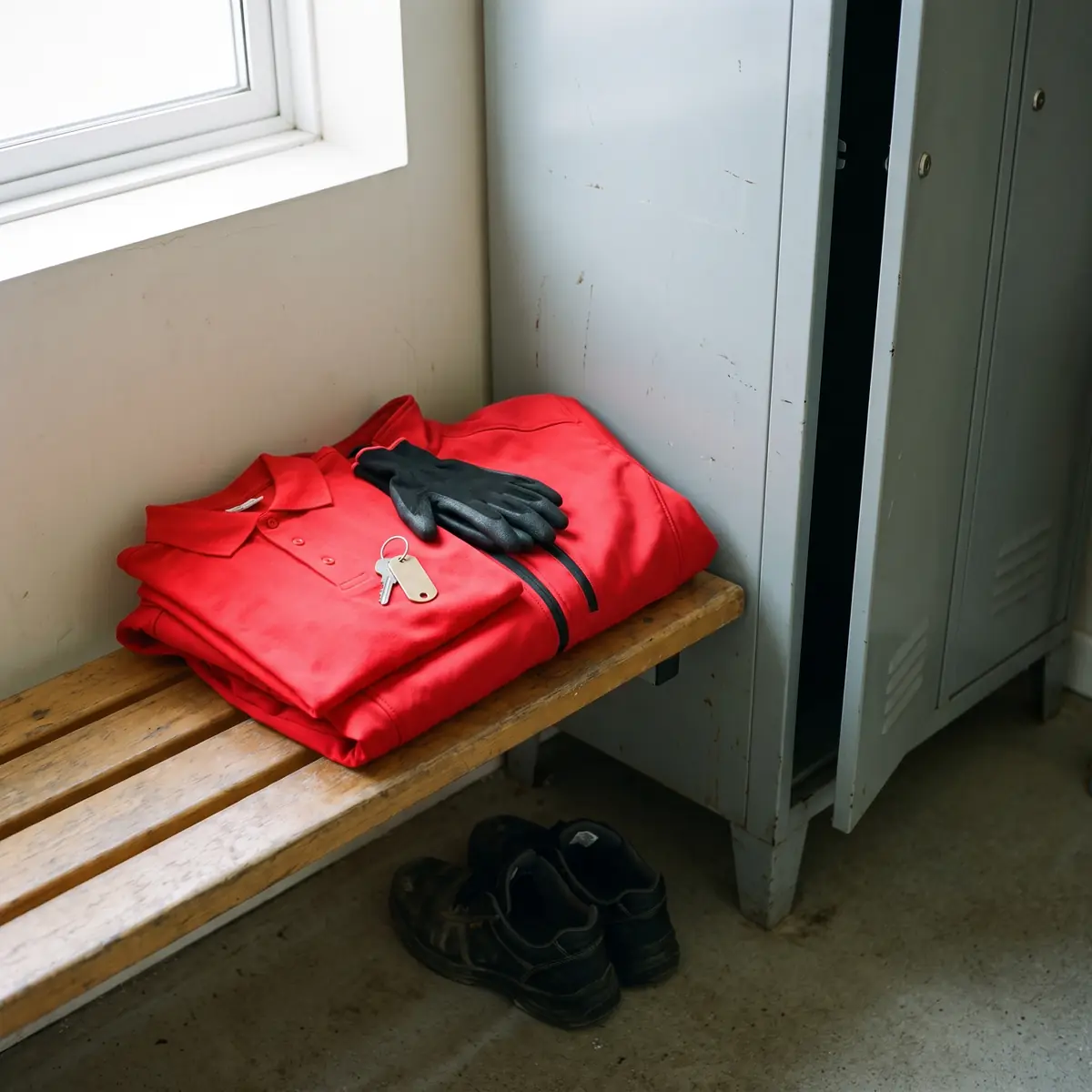 Auf einer Holzbank im Umkleideraum liegt zusammengelegte rote Arbeitskleidung, darauf schwarze Arbeitshandschuhe und ein Schlüssel am Ring. Daneben ein grauer Spind, darunter Arbeitsschuhe. (Illustration, kein Betriebsfoto)