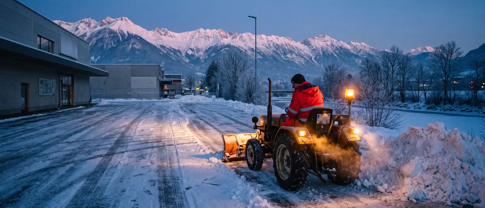 Ein kleiner Traktor mit Schneepflug räumt im Morgengrauen einen verschneiten Parkplatz. (Illustration, kein Betriebsfoto)