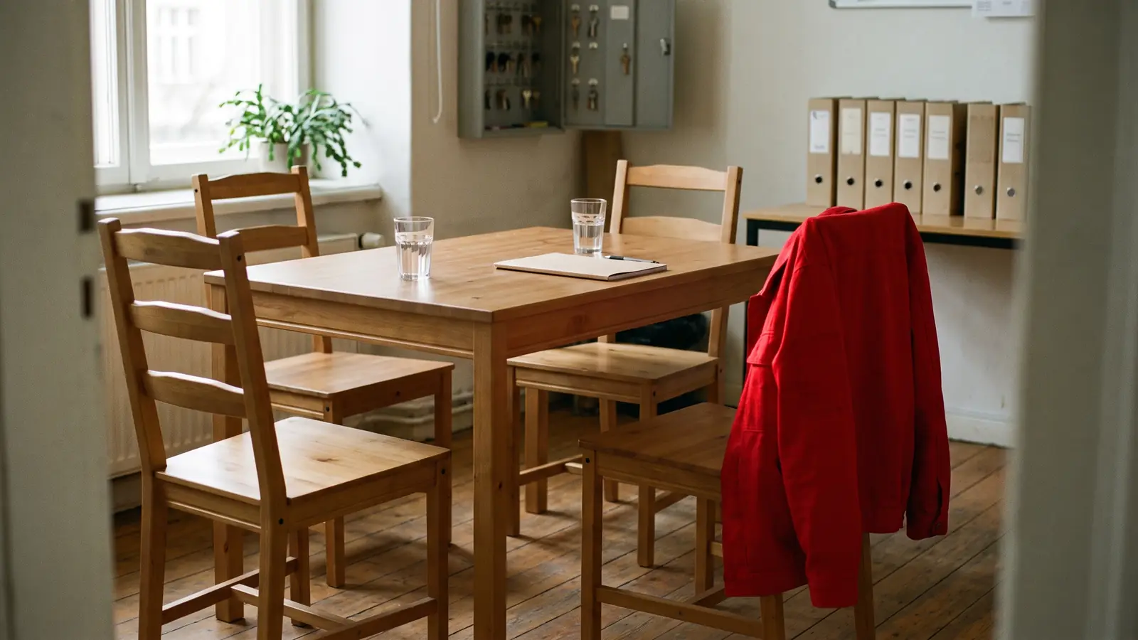 Eine schlichte Sitzecke in einem kleinen Büro: Holztisch mit vier Sesseln, zwei Gläsern Wasser und einem leeren Notizblock. Über einer Sessellehne hängt eine rote Arbeitsjacke, an der Wand dahinter ein Schlüsselschrank. (Illustration, kein Betriebsfoto)
