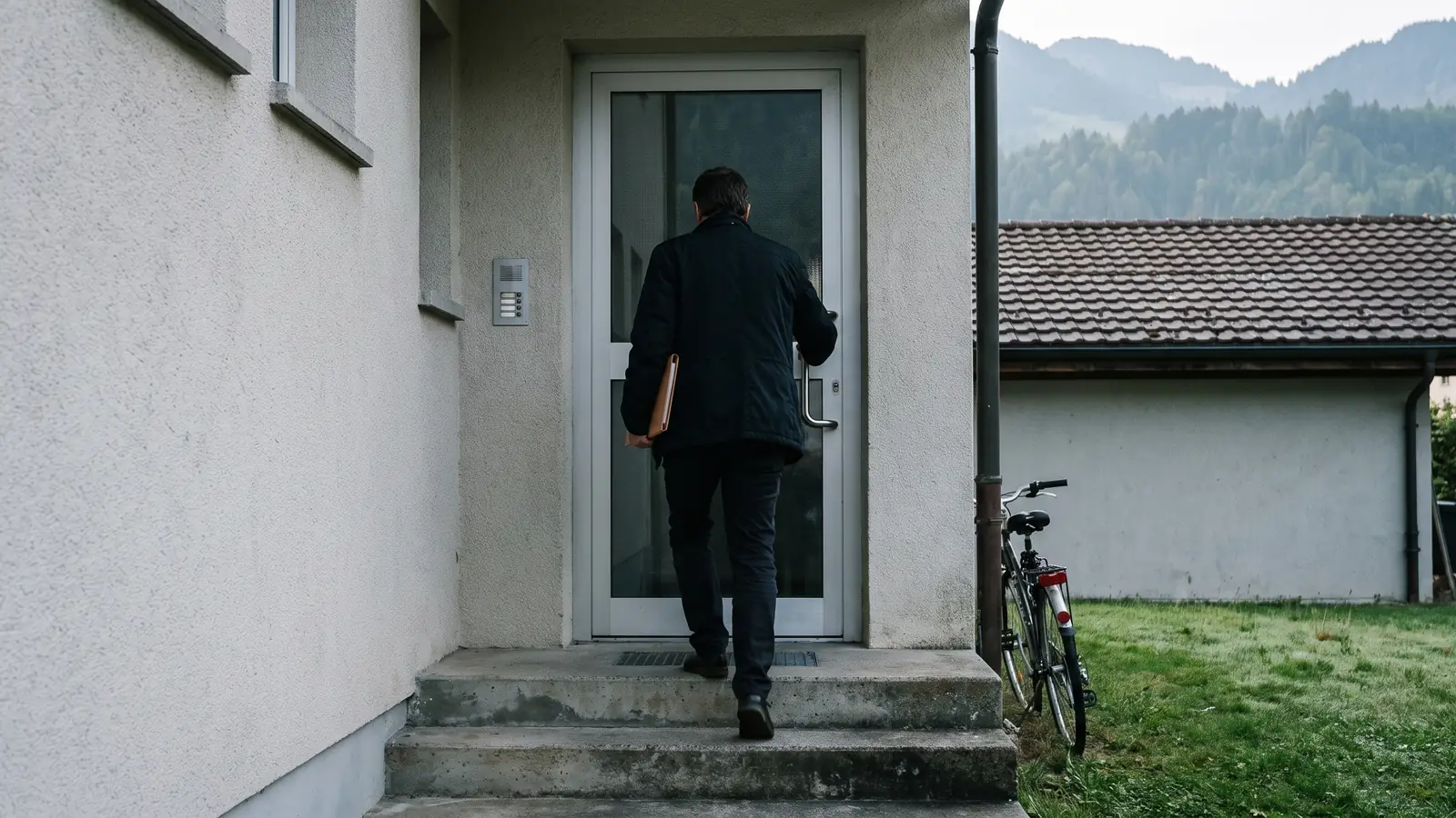 Eine Person in Alltagskleidung geht mit einer schmalen Mappe unter dem Arm die Stufen zu der schlichten Glastür eines kleinen Bürogebäudes hinauf. Rechts ein Fahrrad, dahinter die bewaldeten Hänge des Inntals. (Illustration, kein Betriebsfoto)