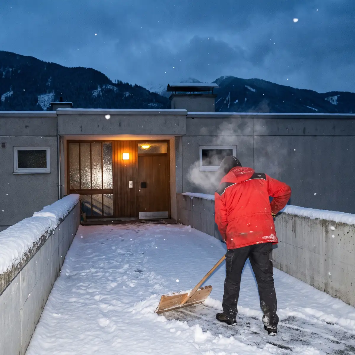 Frühmorgens im Schneetreiben: Eine Person in roter Winterarbeitsjacke schiebt den Schnee vom Hauseingang eines schlichten Wohnhauses, dahinter verschneite Berge. (Illustration, kein Betriebsfoto)